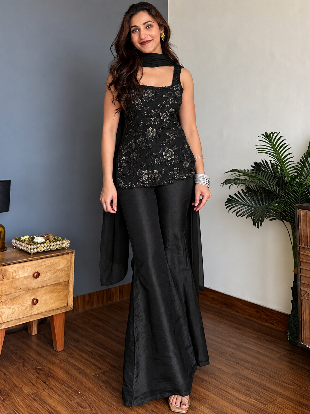 Women’s Faux Georgette Floral Embroidered Top Palazzo Dupatta Set | Sleeveless Square Neck Ethnic Wear
