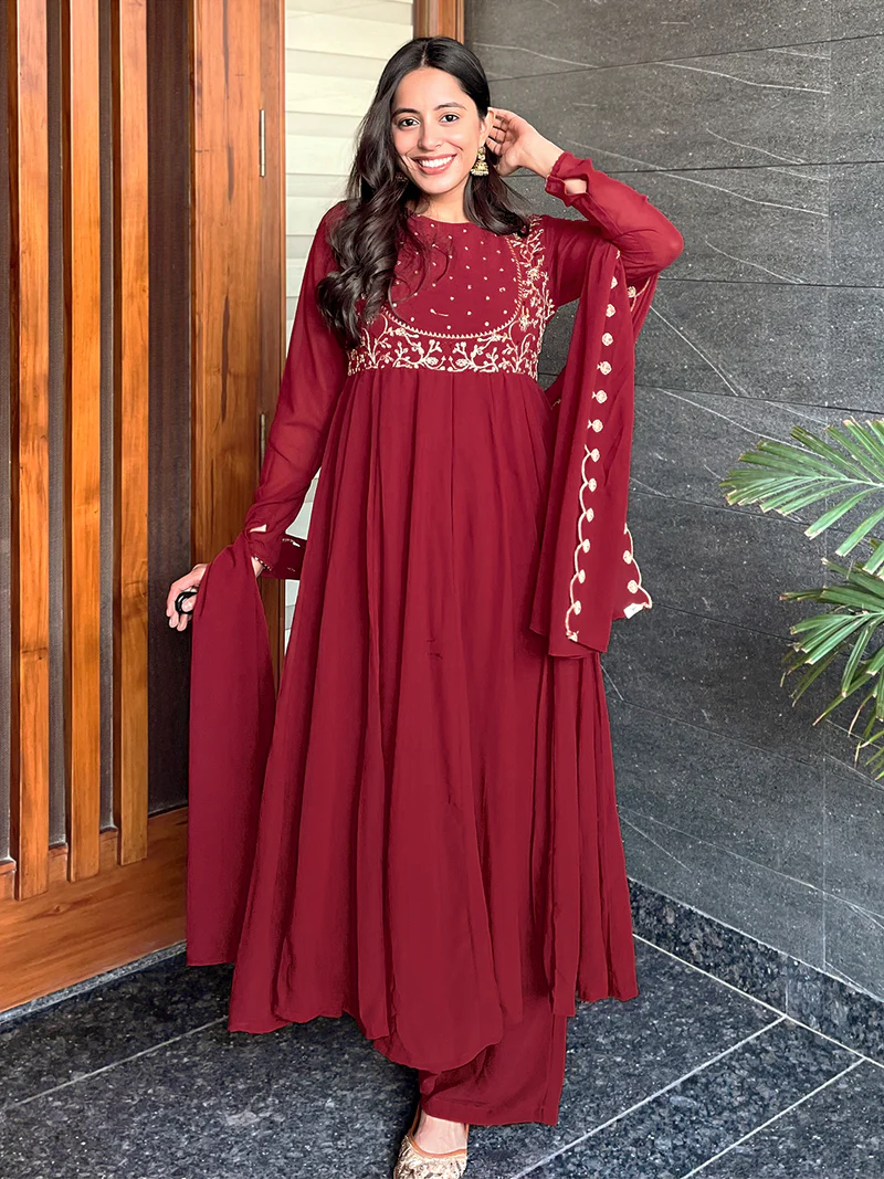 Elegant Embroidered Georgette Long Kurta Pant Set with Matching Dupatta